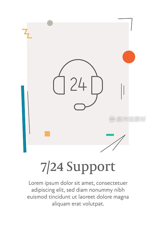 7/24支持线条图标在一个样式的网页横幅与可编辑的描边
